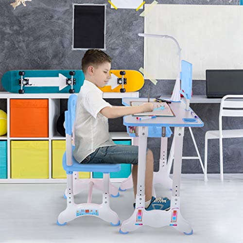 KANGMOON Height Adjustable Children's Desk Chair Set, Study Desk with Led Light, Student Writing Painting Portable Tilted 0-45° Table Top, Built-in Grooves Hold Stationery, for Children Aged 3-18
