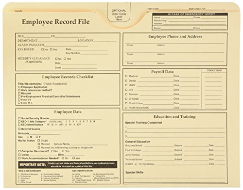 Quality Park Employee Record Folder, Top Tab, Letter, Manila, Pack of 20 (69998)