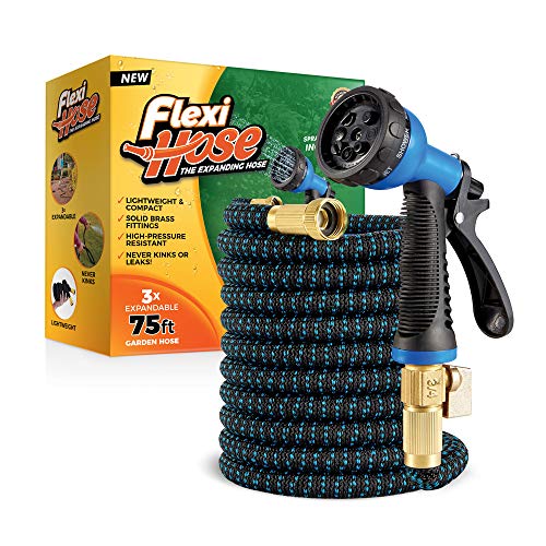 Flexi Hose Lightweight Expandable Garden Hose | No-Kink Flexibility - Extra Strength with 3/4 Inch Solid Brass Fittings & Double Latex Core | Rot, Crack, Leak Resistant (75 FT, Blue/Black)
