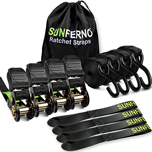 Sunferno Ratchet Straps Tie Down 2500Lbs Break Strength, 15 Foot - Heavy Duty Straps To Safely Move Your Motorcycle and Cargo - Includes 4 Pack Soft Loop Straps - Black (4 Pack)