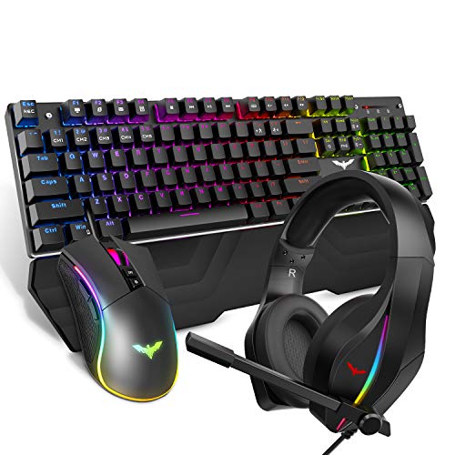 HAVIT Mechanical Keyboard Mouse Headset Kit, Blue Switch Keyboards,Gaming Mouse & RGB Headphones for Laptop Computer PC Games