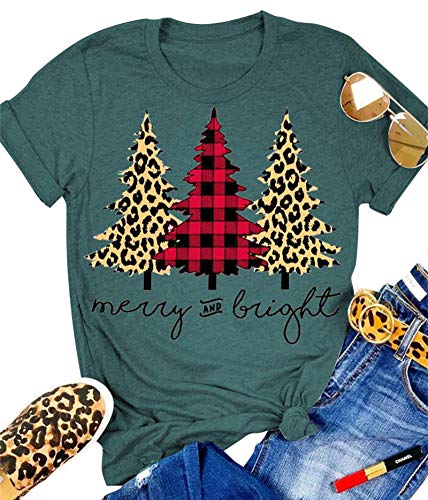 Merry Letter Print T Shirt for Women Plaid Christmas Tree Shirt Tops Short Sleeve Cute Graphic Holiday Tee Tops Blosue Green