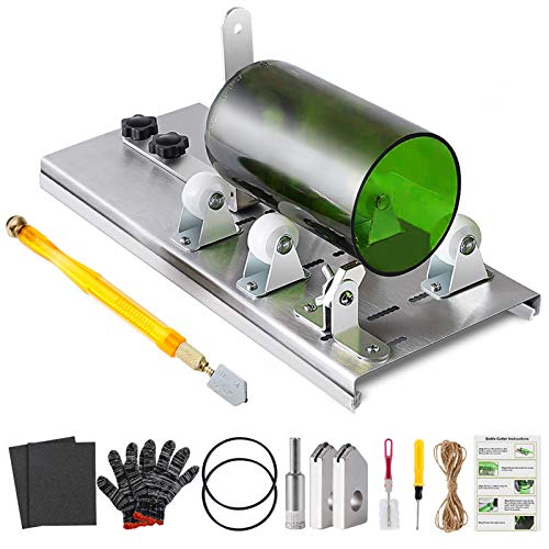 Glass Bottle Cutter Kit, Bottle Cutter DIY Machine for Cutting Round, Square, Oval Bottles and Mason Jars, with Pencil Glass Cutter Tool Kit Gloves Fixing Rubber Ring Hemp Rope Sanding Paper for DIY