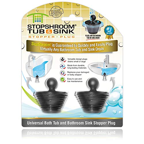 StopShroom Tub 2 Pack Universal Stopper for Bathtub and Bathroom Sink Drains, Black Plug 2pk, 2 Count