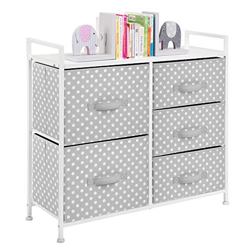 mDesign Wide Dresser 5 Drawers Storage Furniture - Wood Top, Easy Pull Fabric Bins - Organizer for Child/Kids Room or Nursery - Polka Dot Pattern, 32.6' W - Gray with White Dots