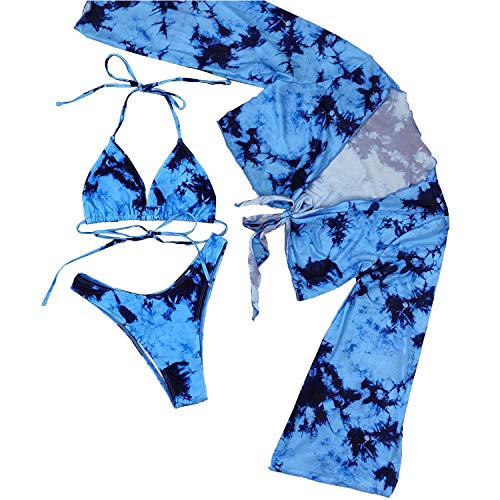 Bikini Swimsuit for Women, Tie Dye 3 Pieces Set, Knot Front Crop Off-Shoulder High Cut Cover Up with Halter Bikini Sets Bathing Suit (Blue, S)