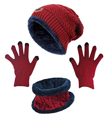 Winter Beanie Hat Scarf Gloves Slouchy Snow Knit Skull Cap Scarves Touch Screen Mittens for Women Burgundy