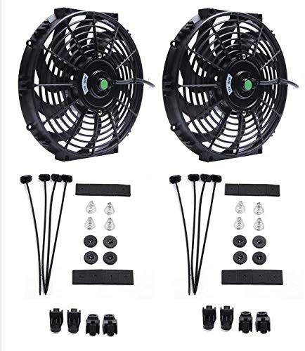(Pack of 2) Engine Radiator Cooling Fan 12 Inch Curved Blade Ultra Thin Universal High Performance 12V 90W Motor，Radiator Fan with Fan Mounting Kit（Puller and Pusher Design）