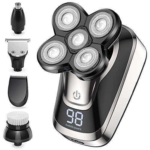 Head Shaver for Bald Men 5 in 1 Cordless Men's Electric Shavers with LED, Rechargeable Wet & Dry Rotary Shaver Waterproof Nose Beard Trimmer Hair Clipper Grooming Kit