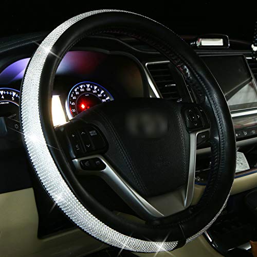 Diamond Leather Steering Wheel Cover for Women Girls with Bling Bling Crystal Rhinestones, Universal Fit 15 Inch Anti-Slip Wheel Protector (Silver)