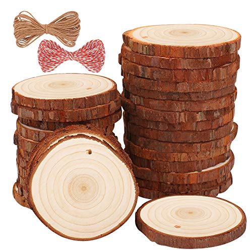 Fuyit Natural Wood Slices 30 Pcs 2.4-2.8 Inches Craft Wood Kit Unfinished Predrilled with Hole Wooden Circles Tree Slices for Arts and Crafts Christmas Ornaments DIY Crafts