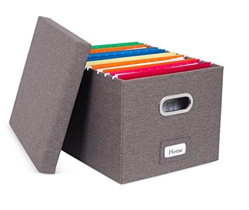 Internet's Best Collapsible File Box Storage Organizer with Lid - Decorative Linen Filing & Storage Office Boxes – Hanging Letter/Legal Folder – Home Office Bins Cabinet – Grey Container - 1 Pack