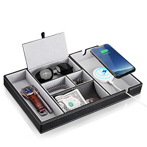 Baoyun Mens Valet Tray Organizer: 6 Compartments Leather Dresser Valet Organizer for Key Wallet Phone with Charging Station Large Mens Nightstand Organizer Tray (Black)
