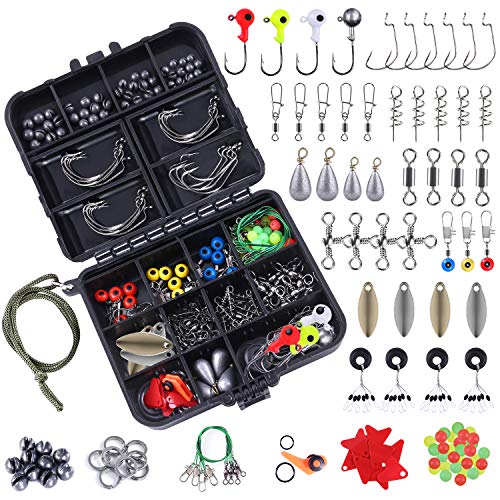 TOPFORT 187pcs Fishing Accessories Kit, Including Jig Hooks, Bullet Bass Casting Sinker Weights, Different Fishing Swivels Snaps, Sinker Slides, Fishing Line Beads, Fishing Set with Tackle Box…