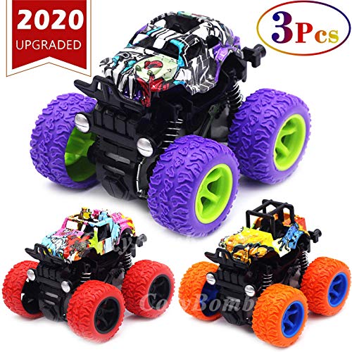 Monster Trucks Toys for Boys - Friction Powered 3-Pack Mini Push and Go Car Truck Jam Playset for Boys Girls Toddler Aged 3 4 5 Year Old Gifts for Kids Birthday (Purple, Red, Orange, 3-Pack)