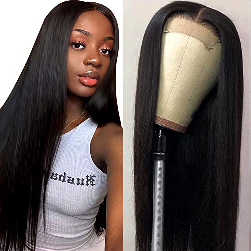 Muokass 4x4 Lace Front Wigs Straight Hair Brazilian Virgin Human Hair Lace Closure Wigs For Black Women 150% Density Pre Plucked With Elastic Bands Natural Color (26 inch, straight wig)