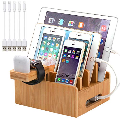 Pezin & Hulin Bamboo Charging Stations for Multiple Devices, Upgrade Desk Docking Station Organizer for Cell Phones, Tablet, AirPods, iWatch Stand (Includes 5 Cables BUT NO Power Supply Charger)