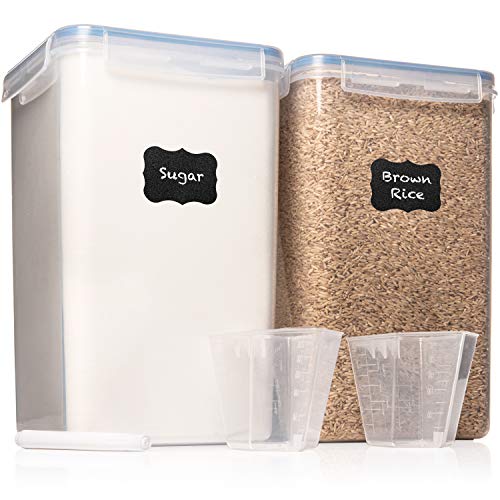 XXL 7 qt / 6.5 L Food Storage Airtight Pantry Containers [Set of 2] WIDE & DEEP + FREE 2 Measuring Cup + 18 Labels & Marker Ideal for Sugar, Flour - Clear Plastic - Leakproof - BPA Free