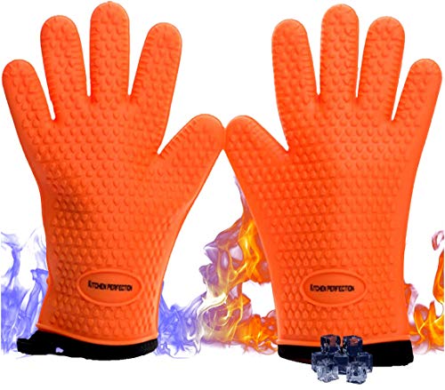 No.1 Set of Silicone Smoker Oven Gloves - Extreme Heat Resistant Washable Mitts for Safe Cooking Baking & Frying at The Kitchen,BBQ Pit & Grill. Superior Value Set + 3 Bonuses (Orange)