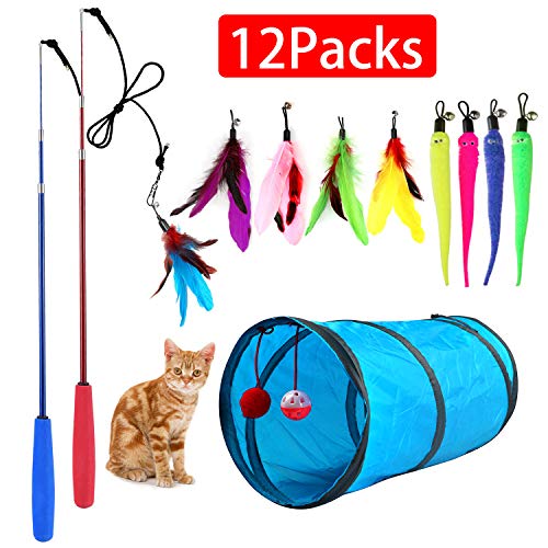 M JJYPET Retractable Cat Toy Wand, 12 Packs Interactive Cat Feather Toys, 9 Assorted Teaser Refills with Bell for Cat Kitten (Blue)