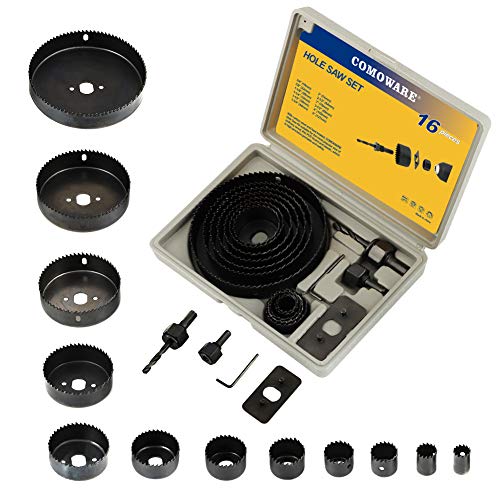 COMOWARE Hole Saw Kit for Wood- 16 Pieces 3/4’’-5’’ Full Set in Case with 1pcs Hex Key, 2pcs Mandrels and 1pcs Install Plate for PVC Board Plastic Plate Drilling Drywall and Soft Wood