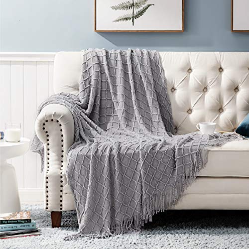 Bedsure Throw Blanket for Couch, Knit Woven Blanket, 50×60 Inch - Cozy Lightweight Decorative Blanket with Tassels for Couch, Bed, Sofa, Travel - All Seasons Suitable for Women, Men and Kids (Grey)