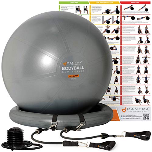 Exercise Ball Chair - 55cm / 65cm / 75cm Yoga Fitness Pilates Ball & Stability Base for Home Gym & Office - Resistance Bands, Workout Poster & Pump. Improve Balance, Core Strength & Posture