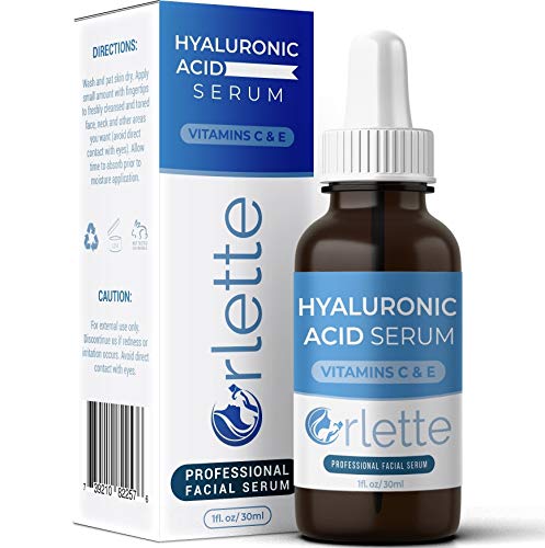 Orlette Hyaluronic Acid Serum Skin Care - Anti-Aging Treatment with Hydrating Vitamin C and Vitamin E - Hydration, Moisturizing and Fine Line Wrinkle Filler - Acne Scar Lightening, Face Plumper