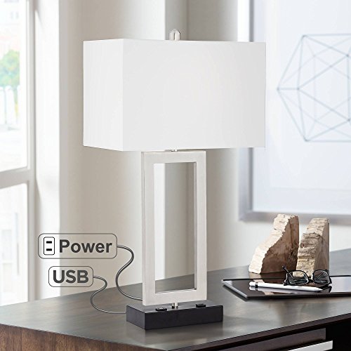 Todd Modern Table Lamp with Hotel Style USB and AC Power Outlet in Base Steel Open Rectangle White Shade for Bedroom Office - 360 Lighting
