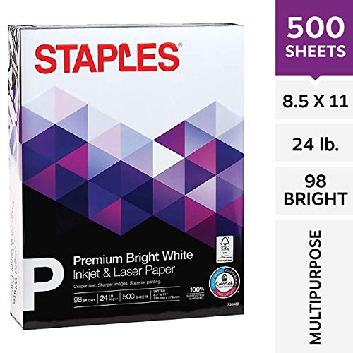 STAPLES Inkjet Paper – 8.5” x 11” Multipurpose Paper, 24 lbs, 500 Sheets of 98 Bright Paper – FSC and Rainforest Alliance Certified, Acid-Free – Printer Paper, Great for Professional Use