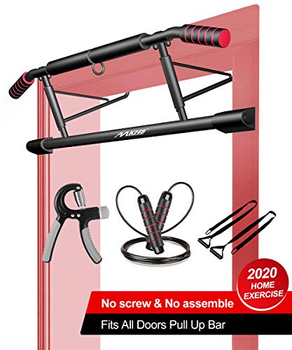 MKHS pull up bar for doorway 5-in-1 kit with Ergonomic Angled Grip, jump rope, hand grip, 2 suspension straps - Home Gym Exercise Equipment & chin-up bar no screw installation, fit to almost all doors