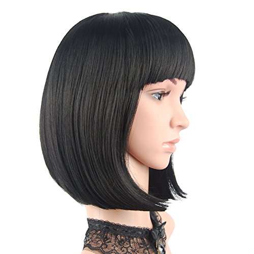 eNilecor Short Bob Hair Wigs 12' Straight with Flat Bangs Synthetic Colorful Cosplay Daily Party Wig for Women Natural As Real Hair+ Free Wig Cap (Black)