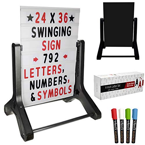 Swinging Changeable Message Sidewalk Sign: 24' x 36' Sign with 792 Pre-Cut Double Sided Letters and Storage Box. Includes Black Sign Board & 4 Liquid Chalkboard & Letter Board