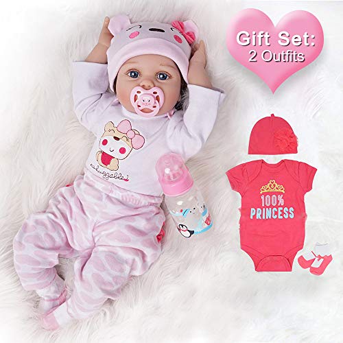 Lifelike Reborn Baby Dolls Girl 2 Outfits 22 Inches Silicone Vinyl Newborn Light Pink and Dark Pink