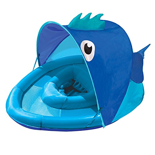 SwimSchool Blue Fun Fish Fabric Baby Pool Float, Splash & Play Activity Center, Dual Air Pillow Chambers with Retractable Canopy and Safety Seat, Baby Float, UPF 50, 6 To 24 Months, Blue