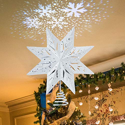 YEAHOME Christmas Star Tree Topper, White Christmas Tree Star Lighted Star Tree Topper with Snowflake Projector Lights Xmas Tree Topper for Christmas Tree Decorations