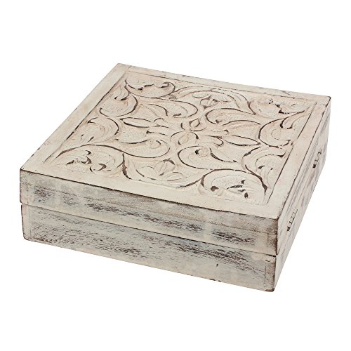 Stonebriar Worn White Wooden Keepsake Trinket Box with Hinged Lid and Carved Floral Design, Decorative Small Jewelry Box, Gift Idea for Birthdays, Christmas, Weddings, or Any Special Occasion