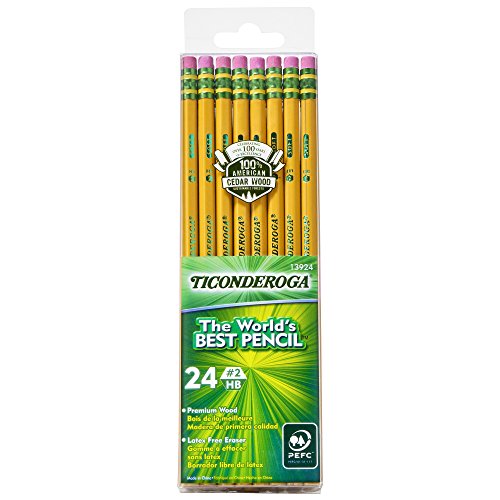 TICONDEROGA Pencils, Wood-Cased, Unsharpened, Graphite #2 HB Soft, Yellow, 24-Pack (13924)