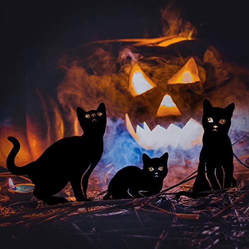 hogardeck Metal Cat Decorative Garden Stakes, Black Cat Silhouette Halloween Yard Stakes Garden Decor Outdoor Statues with Reflective Eyes Halloween Cat Decorations Set of 3