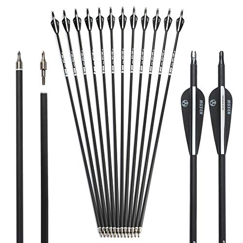 Musen 30 Inch Carbon Archery Arrows, Spine 500 with Removable Tips, Hunting and Target Practice Arrows for Compound Bow and Recurve Bow, 12 Pcs Black