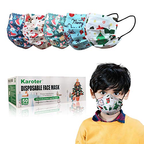 Face Masks 3 Ply Disposable Face Masks with Christmas Patterns, Breathable & Comfortable Filter Safety Mask for Home Outdoor（50Pcs (Kids Mask)