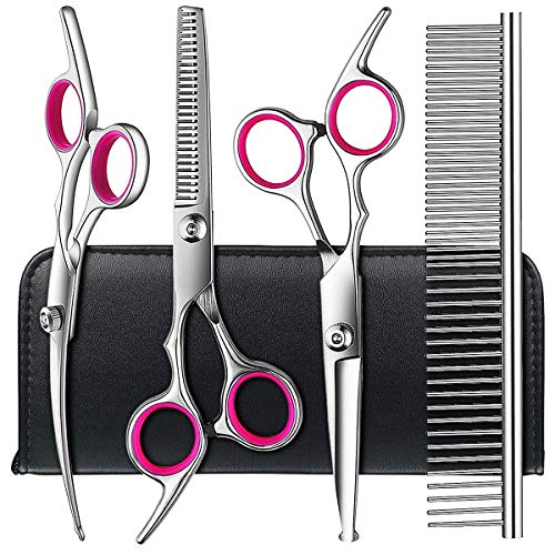 TINMARDA Dog Grooming Scissors kit with Safety Round Tips, Stainless Steel Professional Pet Grooming Trimmer Kit - Thinning, Straight, Curved Shears and Comb for Long Short Hair for Cat Pet