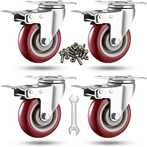 4 inch Heavy Duty Casters, Lockable Bearing Caster Wheels with Brake, Swivel Casters for Furniture and Workbench, Set of 4, Load 1500lbs (Free screws and spanner)