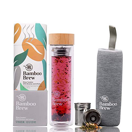 Bamboo Brew Glass Travel Tumbler with Infuser & Strainer 16oz | Borosilicate Glass Coffee & Tea Flask | Vacuum Insulated | Beautiful Packaging
