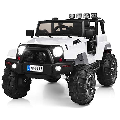Costzon Ride On Truck, 12V Battery Powered Electric Ride On Car w/ 2.4 GHZ Bluetooth Parental Remote Control, LED Lights, Double Doors, Safety Belt, Music, MP3 Player, Spring Suspension (White)