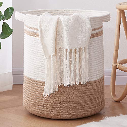 OIAHOMY Laundry Basket-Cotton Rope Basket Large Storage Basket with Handles,Modern Decorative Woven Basket for Living Room,Storage Baskets for Toys, Throws, Pillows,and Towels -18'×16'-White&Yellow