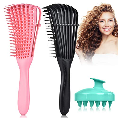 3 Pack Detangling Hair Brush Set, Detangler Brush Comb for Natural Black Hair, Scalp Massager Shampoo Brush for Afro America 2A to 4C Texture Waves Coily Oil Thick Long Curly Hair (Black,Pink,Green)