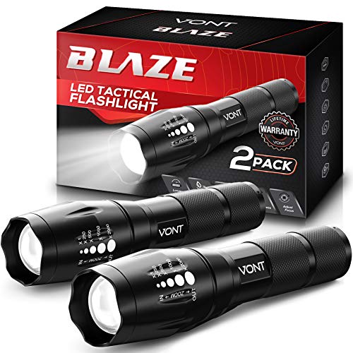 Vont 'Blaze' Tactical Flashlight (2 PACK) LED Flashlights, Extremely Bright Flash Light, High Lumen, Adjustable Beam, Water-resistant, Gear & Accessories for Hiking, Camping, Survival, Emergency
