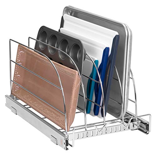 Pull Out Organizer Rack for Bakeware - Sliding Kitchen Cabinet Organizers and Storage Rack for Cutting Boards, Baking Pans, Cupcake Pans and More 12.5” W x 21” D x 10.63” H Heavy Duty, Chrome