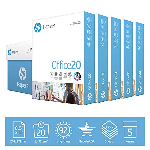 HP Paper Printer Paper 8.5x11 Office 20 lb 5 Ream Case 2500 Sheets 92 Bright Made in USA FSC Certified Copy Paper Compatible 172160C, White (HPC115R)